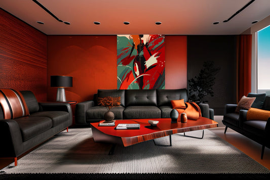 Contemporary living room interior with colorful wall art and comfortable seating