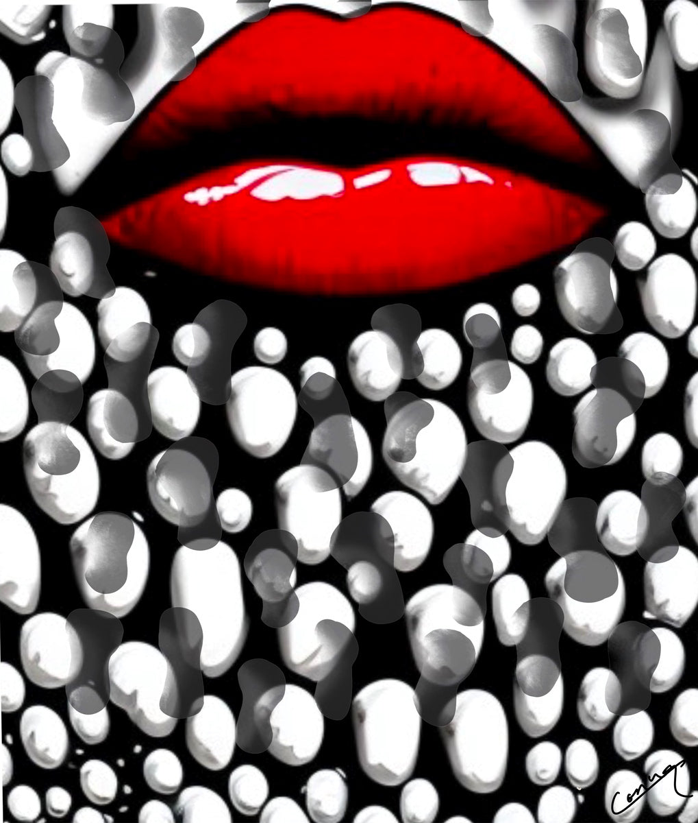 Bold red lips set against a black and white bubble backdrop, capturing energy, allure, and modern vibrancy.