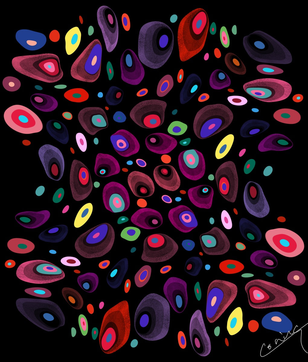 Abstract artwork of vibrant pebbles in dynamic colors, radiating positivity and warmth, evoking happiness and joy.