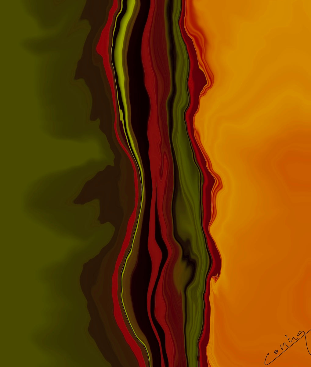 Abstract artwork blending red, gold, and green, symbolizing the harmony between nature and music, evoking happiness and serenity.