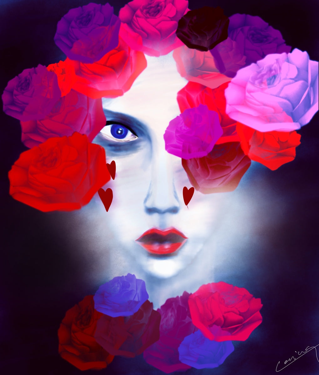 Enigmatic portrait of Lola with passionate red lips, set against a backdrop of pink and purple roses, exuding sensuality and allure.