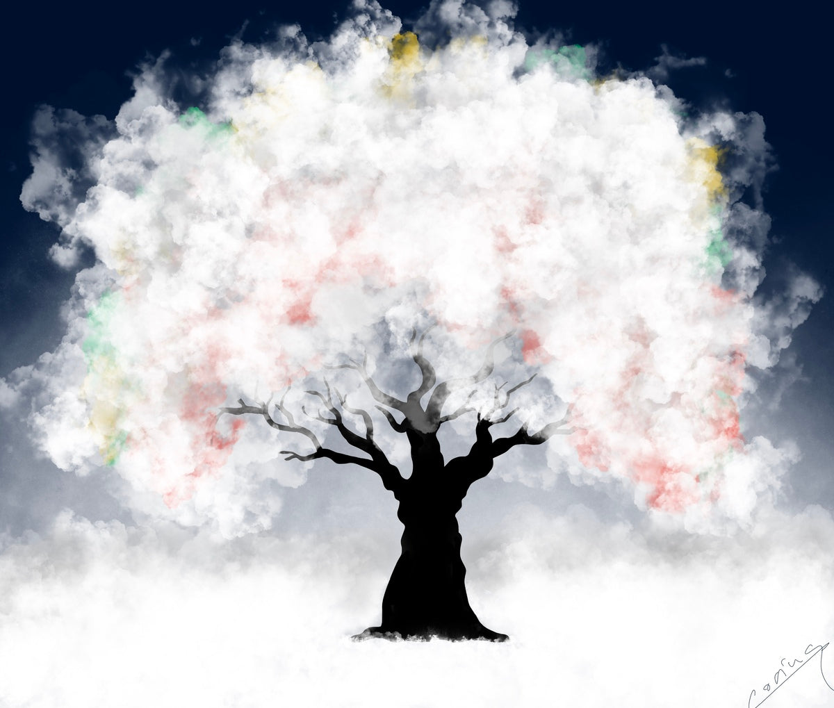Tranquil artwork of a black tree silhouetted against a bluish sky with soft, billowing clouds, evoking peace, serenity, and heavenly bliss.
