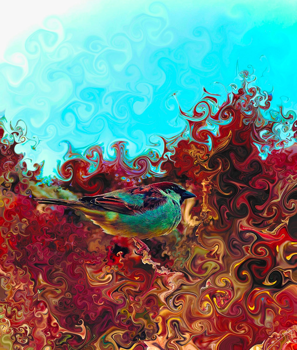 Vibrant tropical scene with a playful bird, bright turquoise, blue, and red colors evoking paradise and serenity.