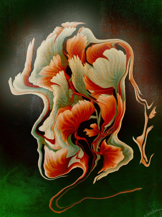 Vibrant artwork of flowers and leaves unfolding into a bouquet, set against a green backdrop with rusty orange accents, symbolizing growth and transformation.