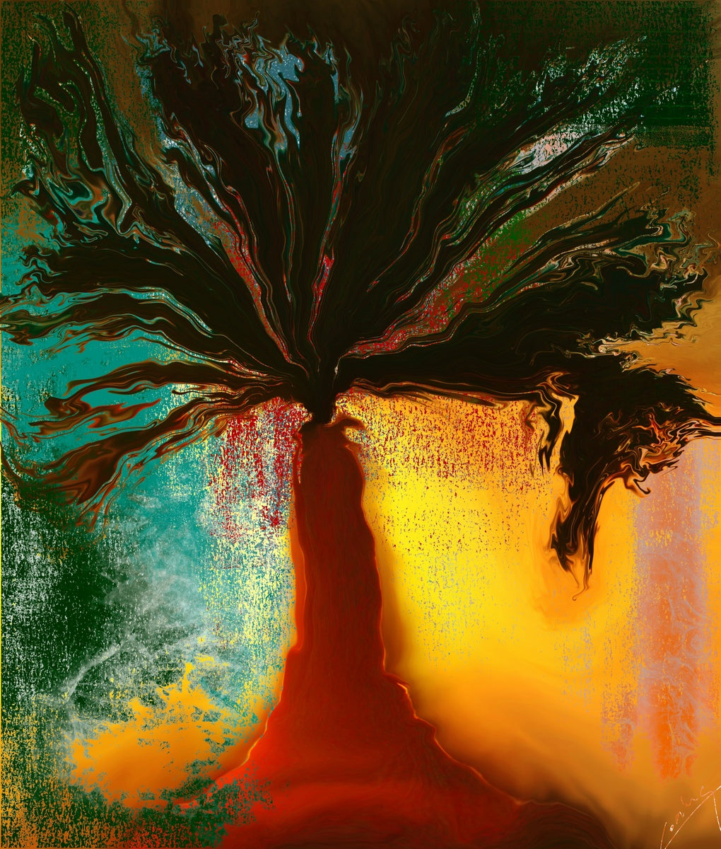 Silhouette of a grand tree against a vibrant sunset sky with hues of orange, yellow, and red, evoking tranquility and natural beauty.