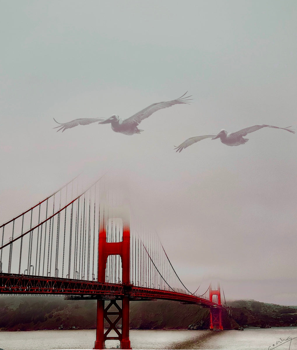 Vintage-style art of the Golden Gate Bridge emerging from mist, with pelicans soaring over a serene ocean, evoking mystery, beauty, and tranquility.