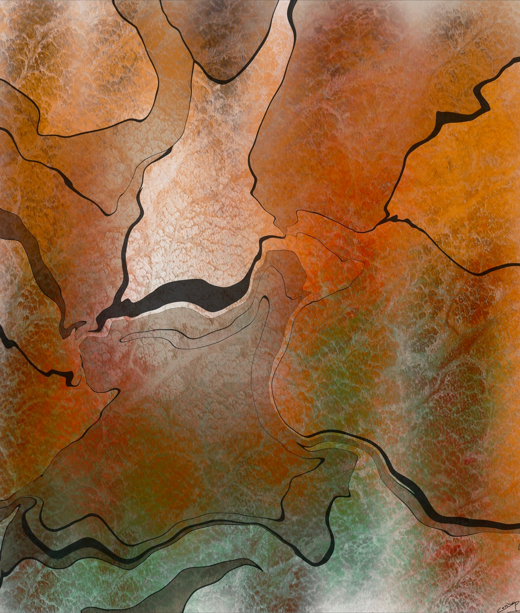 Abstract artwork blending vibrant earth tones with dynamic 3D effects, evoking warmth, positivity, and a deep connection to nature.