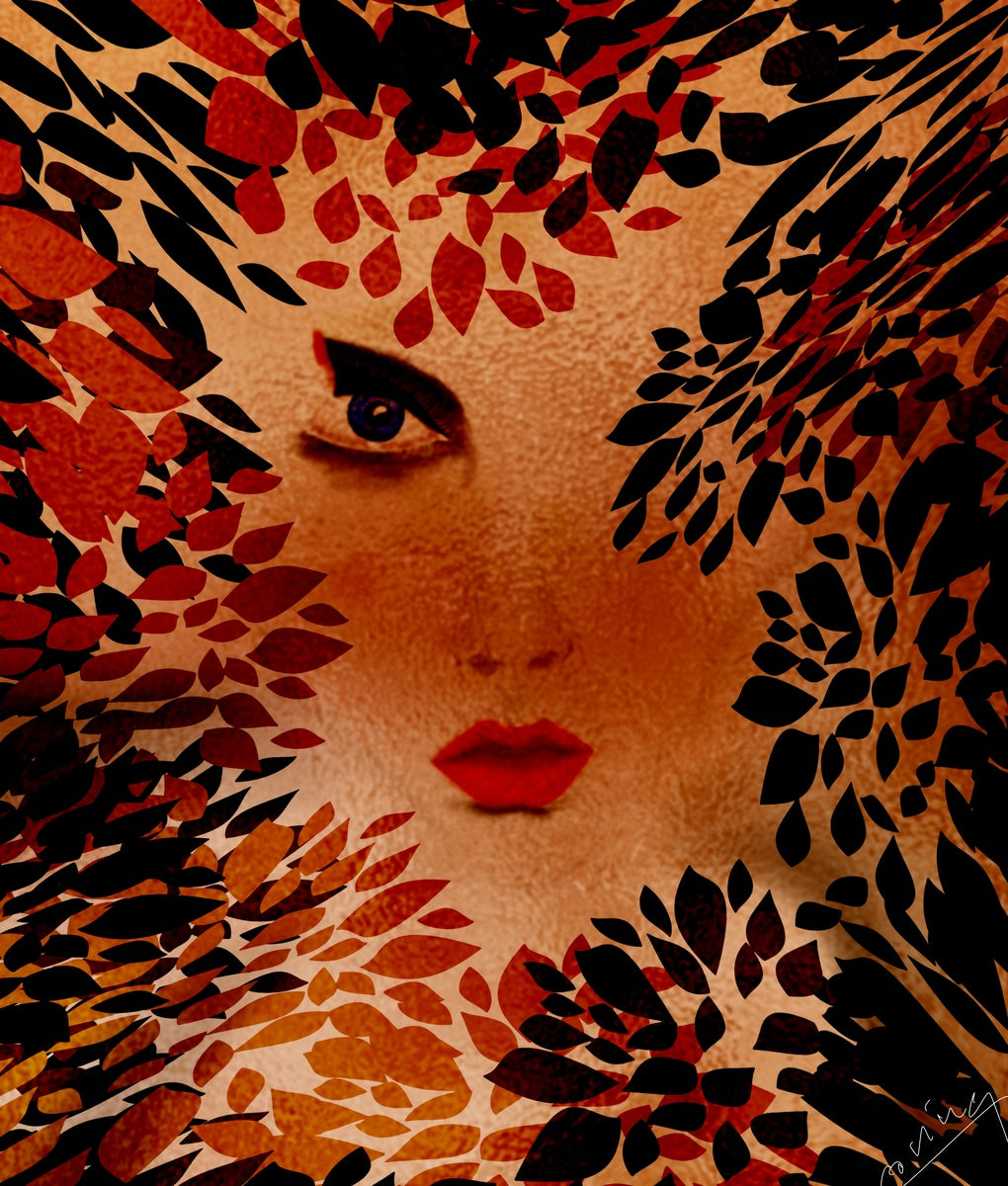 Modern art featuring a purple-blue eye and red lips emerging from a golden-copper 3D effect, surrounded by colorful leaves, evoking mystery and allure.