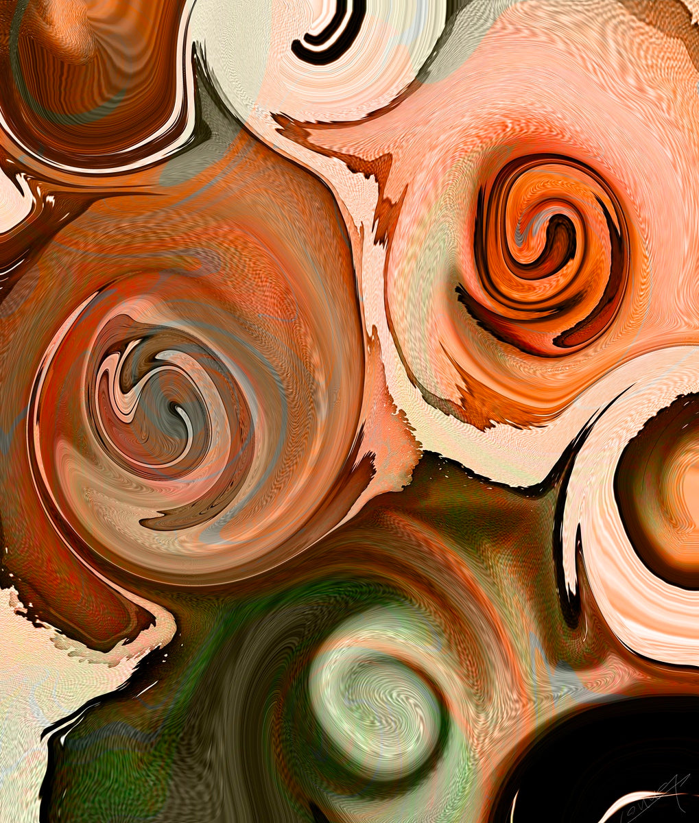 Abstract art with bold earthy splashes and flowing spiral waves in soothing tones, evoking tranquility, nature, and grounding harmony.