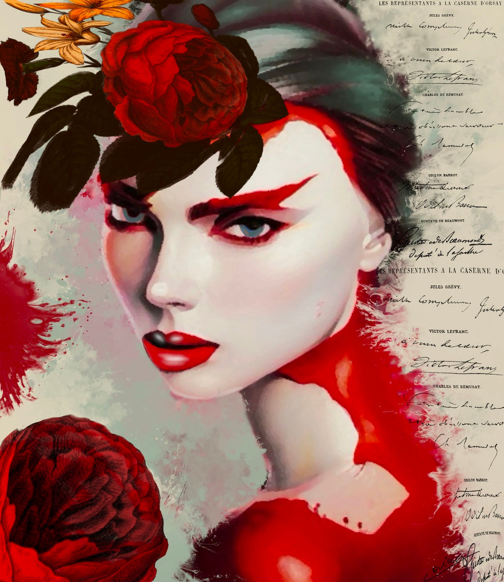 Portrait of a woman with flowers in her hair, icy blue eyes, red lips, and vintage script, blending passion, mystery, and a dangerous edge.