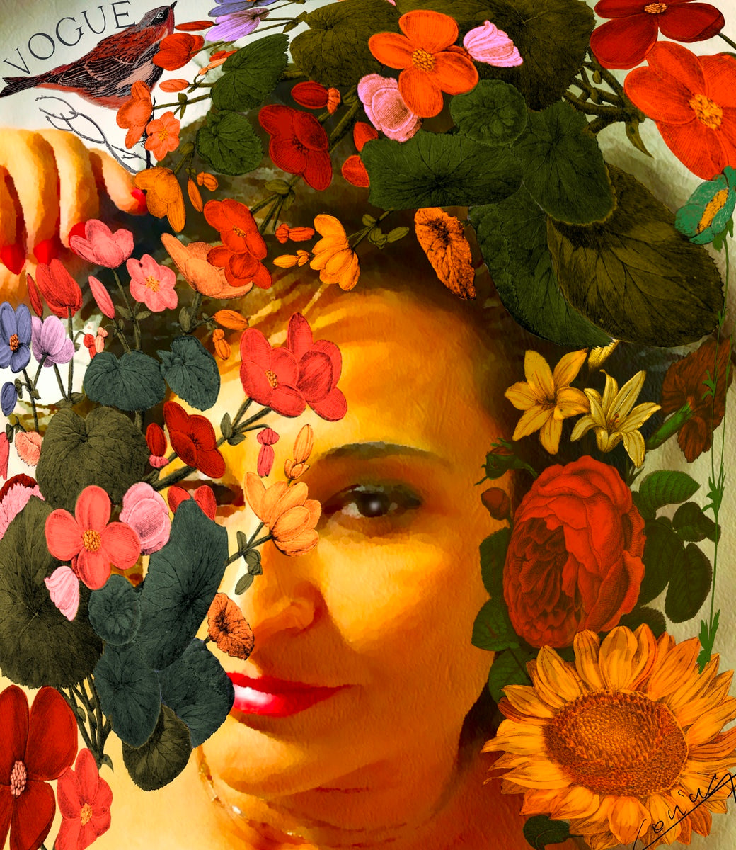 Vibrant self-portrait blending vintage Vogue style with playful charm, featuring colorful flowers, a bird, and joyful expression.