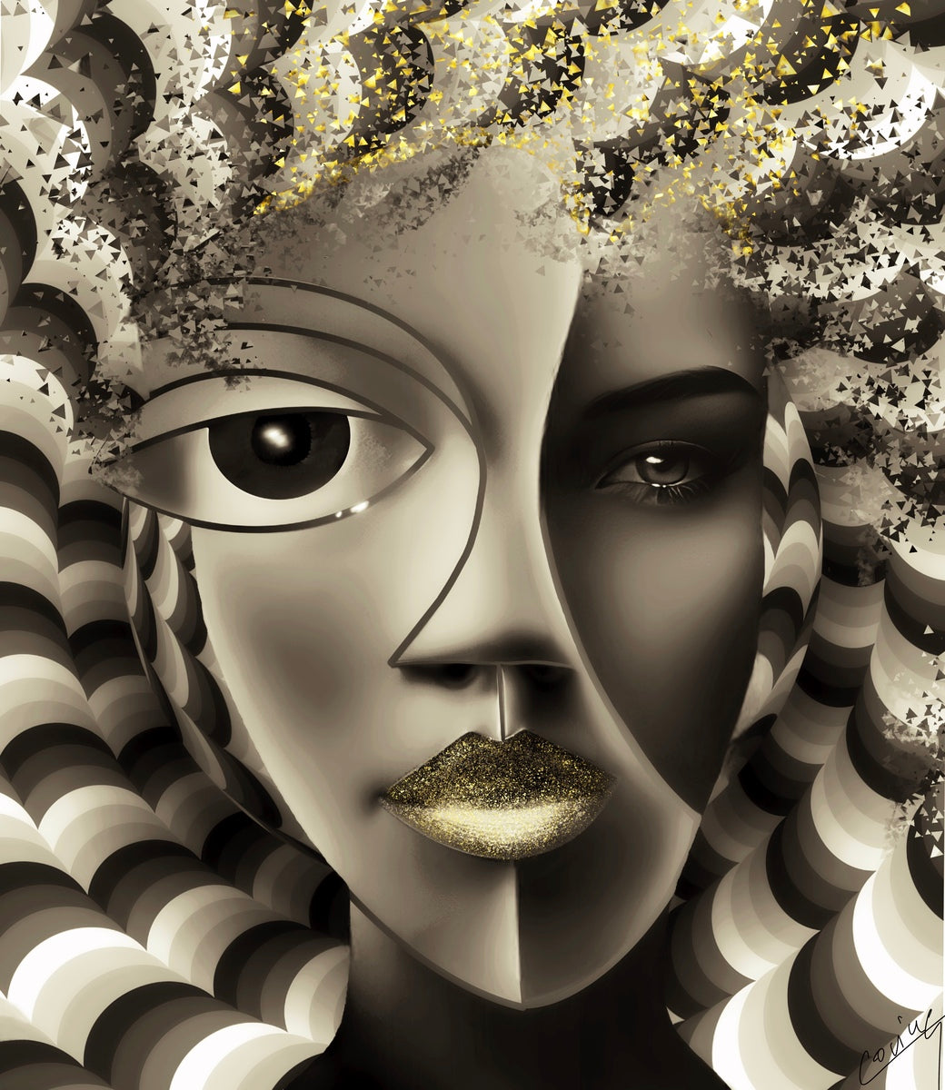 Modern art of a female figure, half-human, half-robot, with a bronze face, gold lips, and a 3D swirling tunnel, symbolizing the fusion of technology and life.