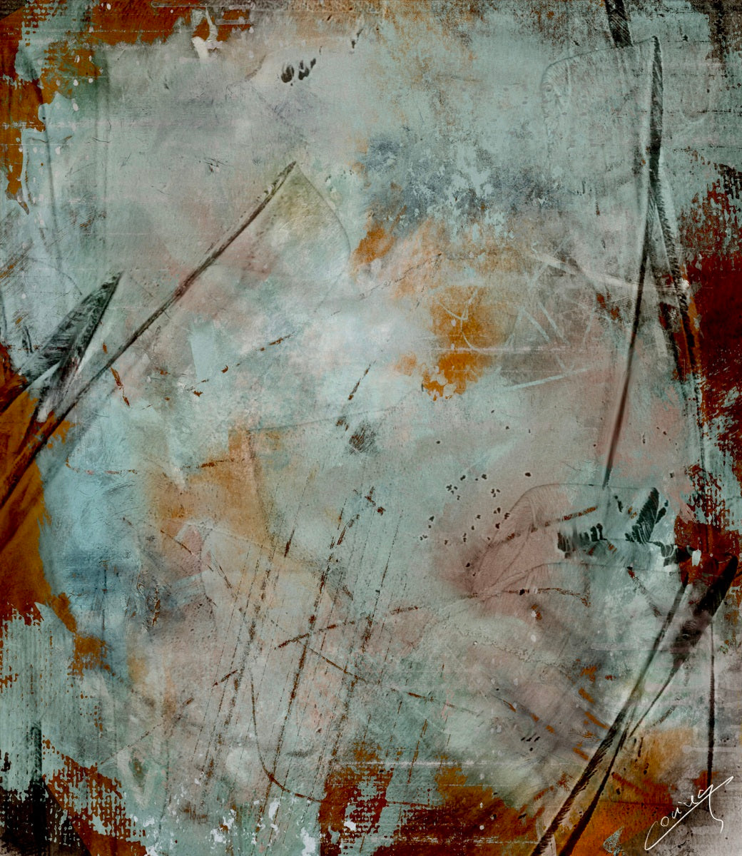 Abstract art print with rustic charm, featuring earthy tones, brush strokes, and a warm rust copper patina evoking tranquility and nature’s serene beauty.