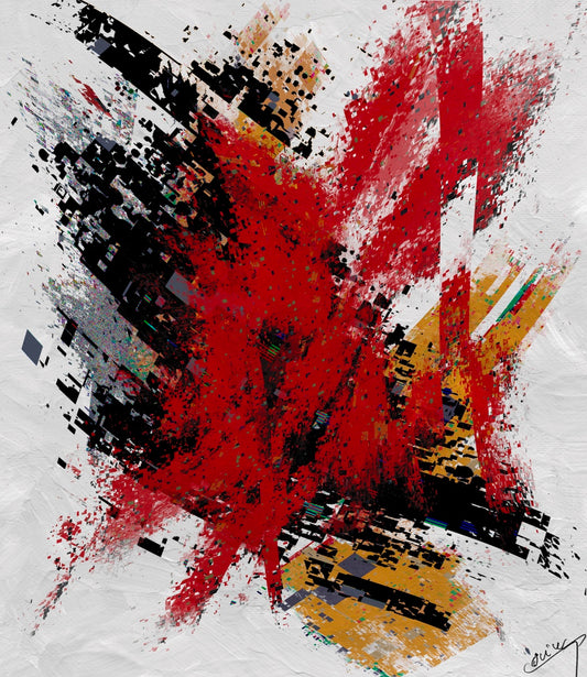 Abstract art piece by Corina Ioana showcasing vibrant colors, pixelated lines and overlapping shapes in red, black, orange, and gray, conveying energy, movement, and intensity.