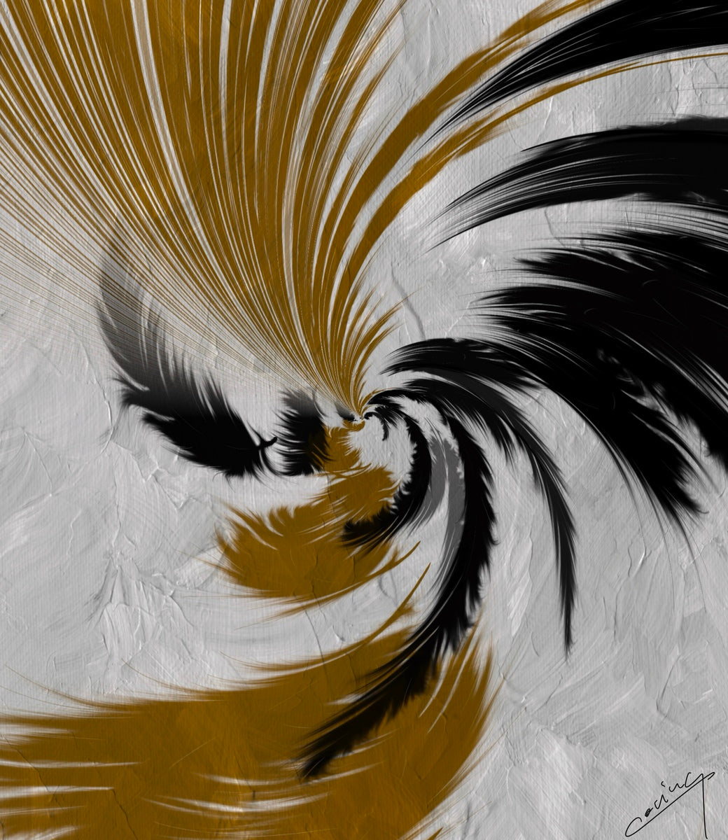 Abstract digital painting of delicate black and copper feathers swirling into elegant lines against a white background, evoking tranquility and ethereal enchantment.
