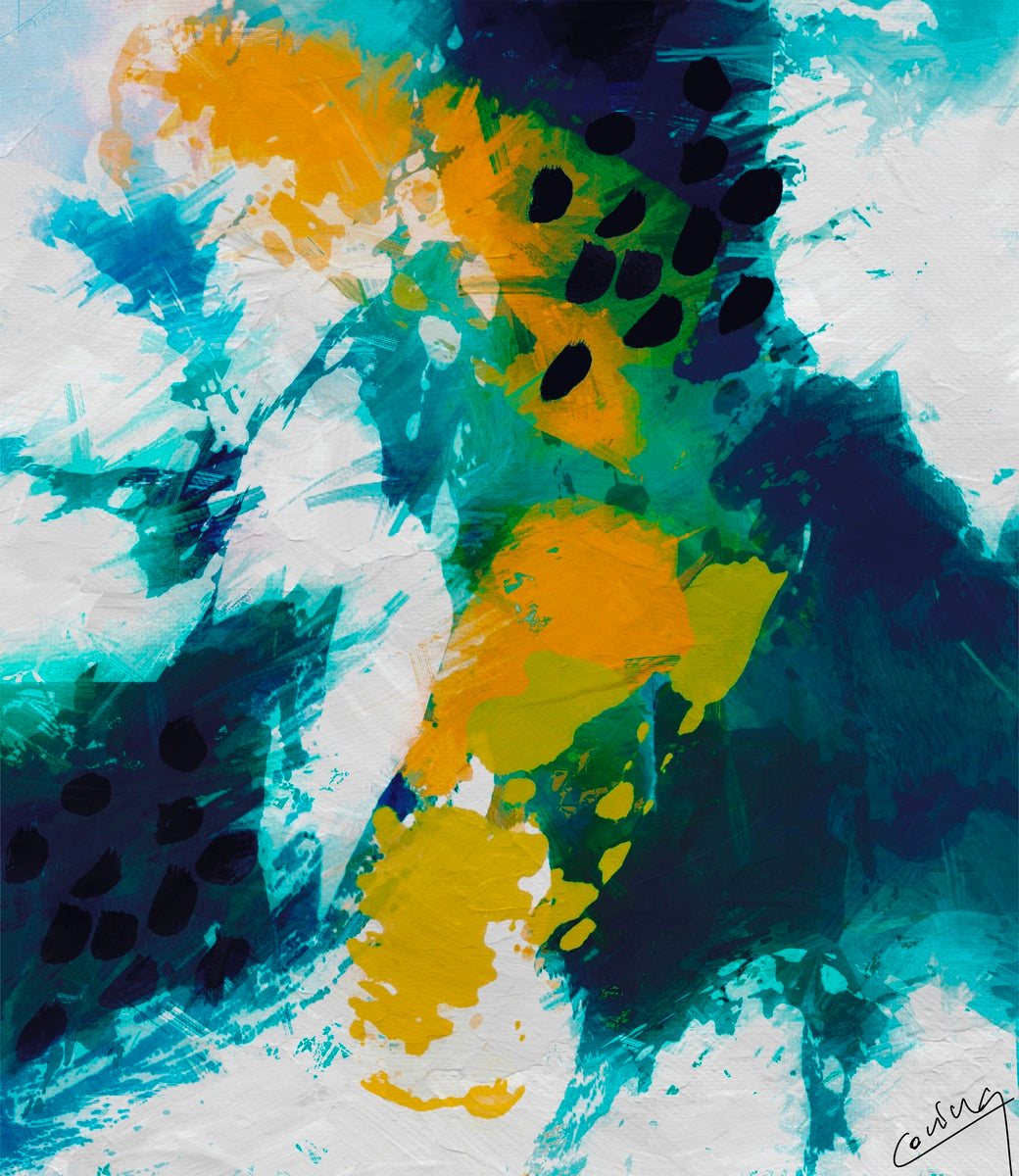 Abstract art featuring soothing aqua, blue, and turquoise hues with joyful splashes of white and orange, evoking serenity and peaceful escape.