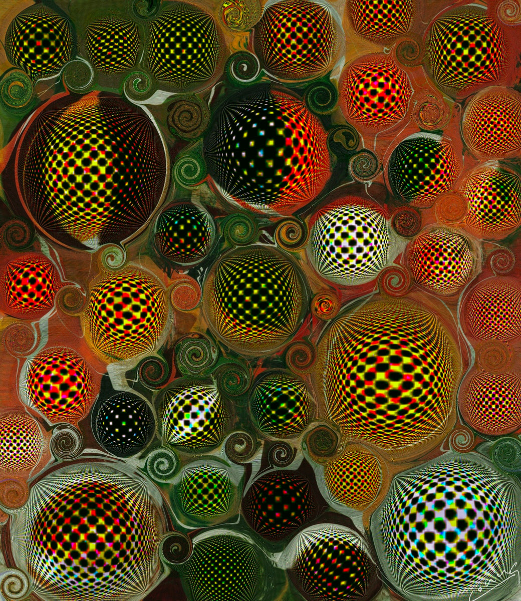 Abstract art with ornament-like shapes, whimsical swirls, and diamond patterns, bursting with colorful accents, evoking joy, wonder, and happiness.