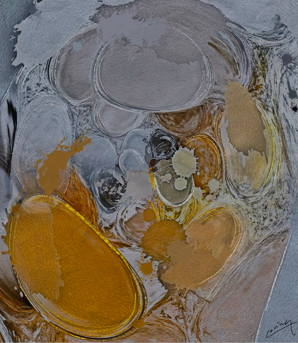 Abstract digital painting of metallic bubbles in silver, gold, copper, and charcoal, capturing graceful movement and evoking joy, elegance, and whimsy.