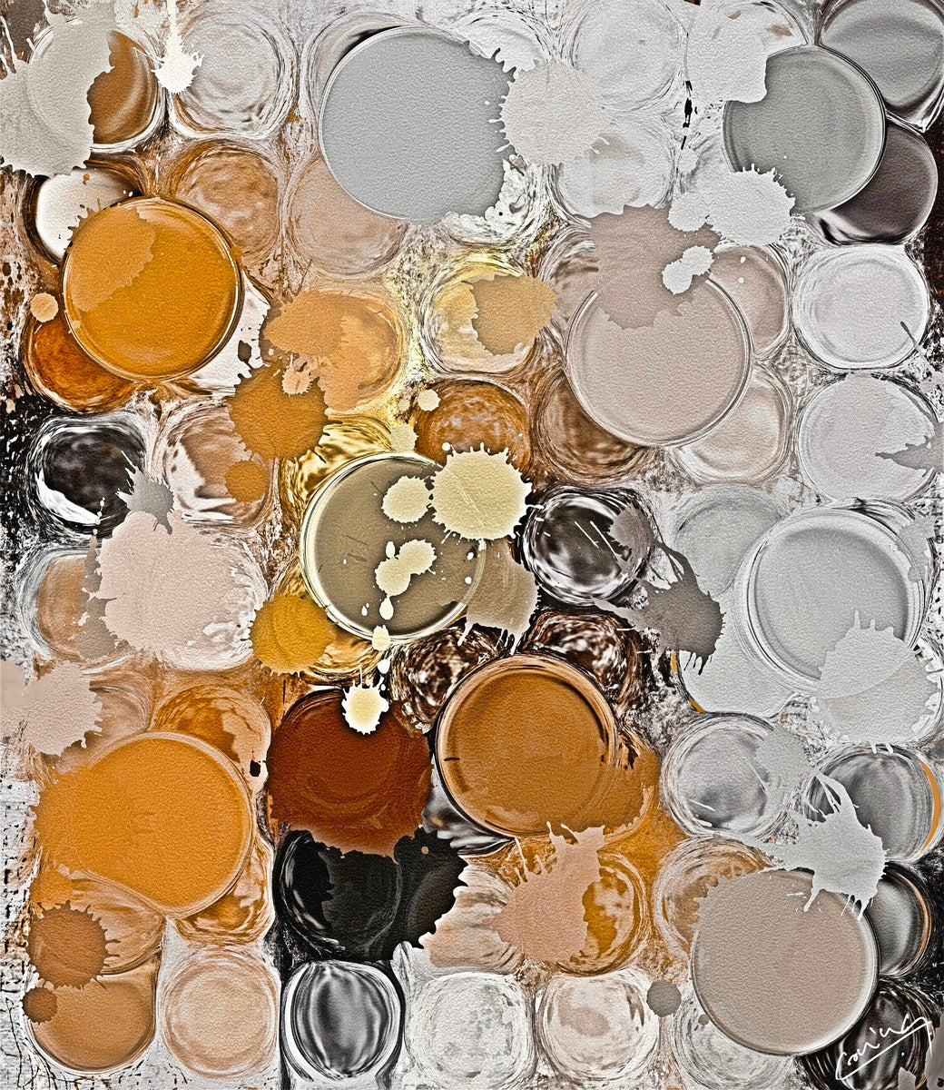 Abstract artwork with metallic swirls in gold, copper, silver, and bronze, enhanced by vibrant splashes of color, evoking festivity, elegance, and energy.