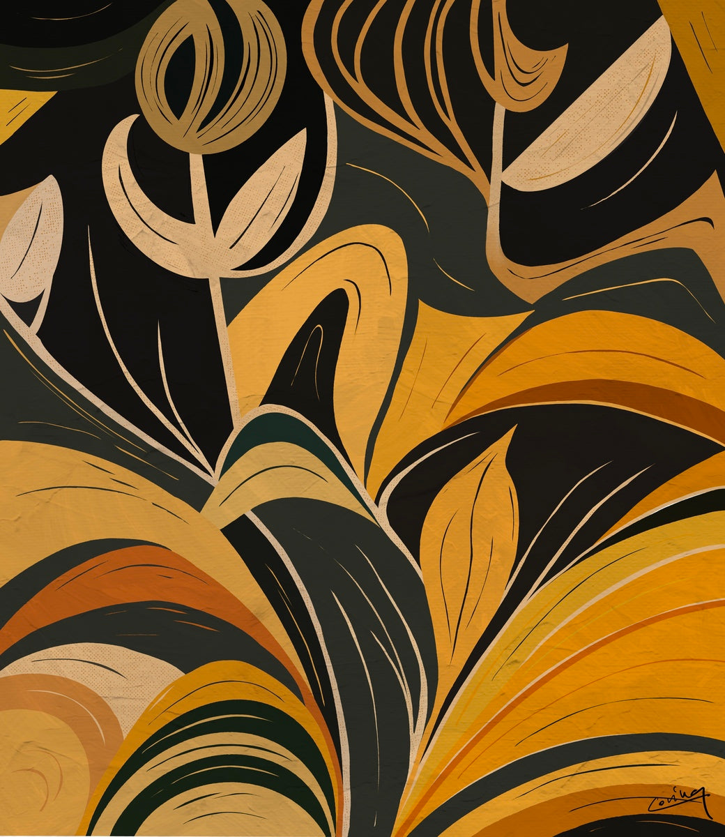 Abstract artwork of golden leaves swirling in gold, yellow, orange, and green, with a radiant flower at its center, evoking enchantment and rhythmic beauty.