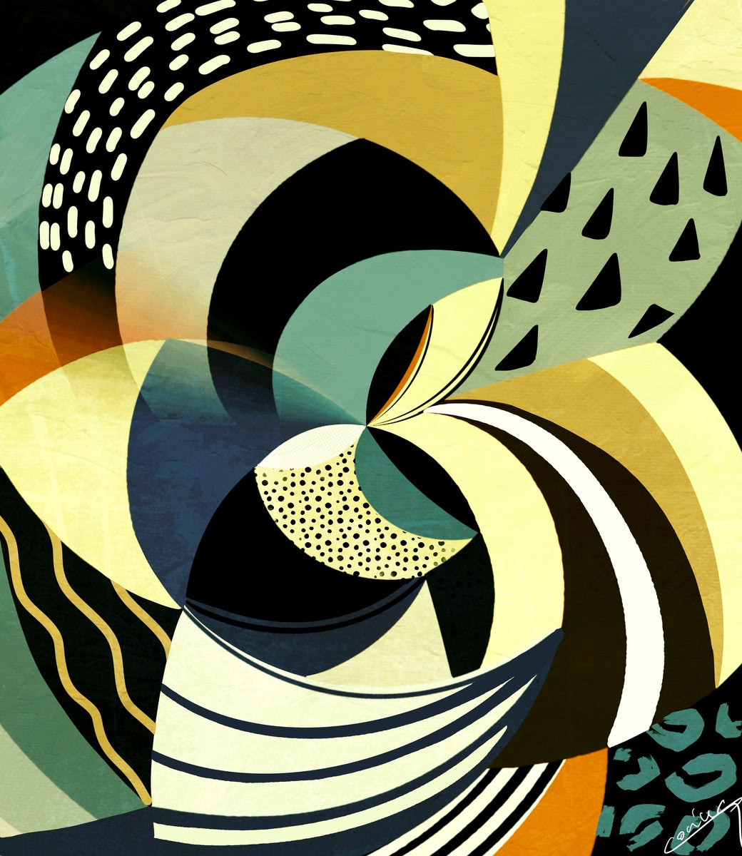 Abstract digital artwork of a floating flower with intricate lines and shapes in gray, orange, black, white, blue, and beige, evoking tranquility and contemplation.