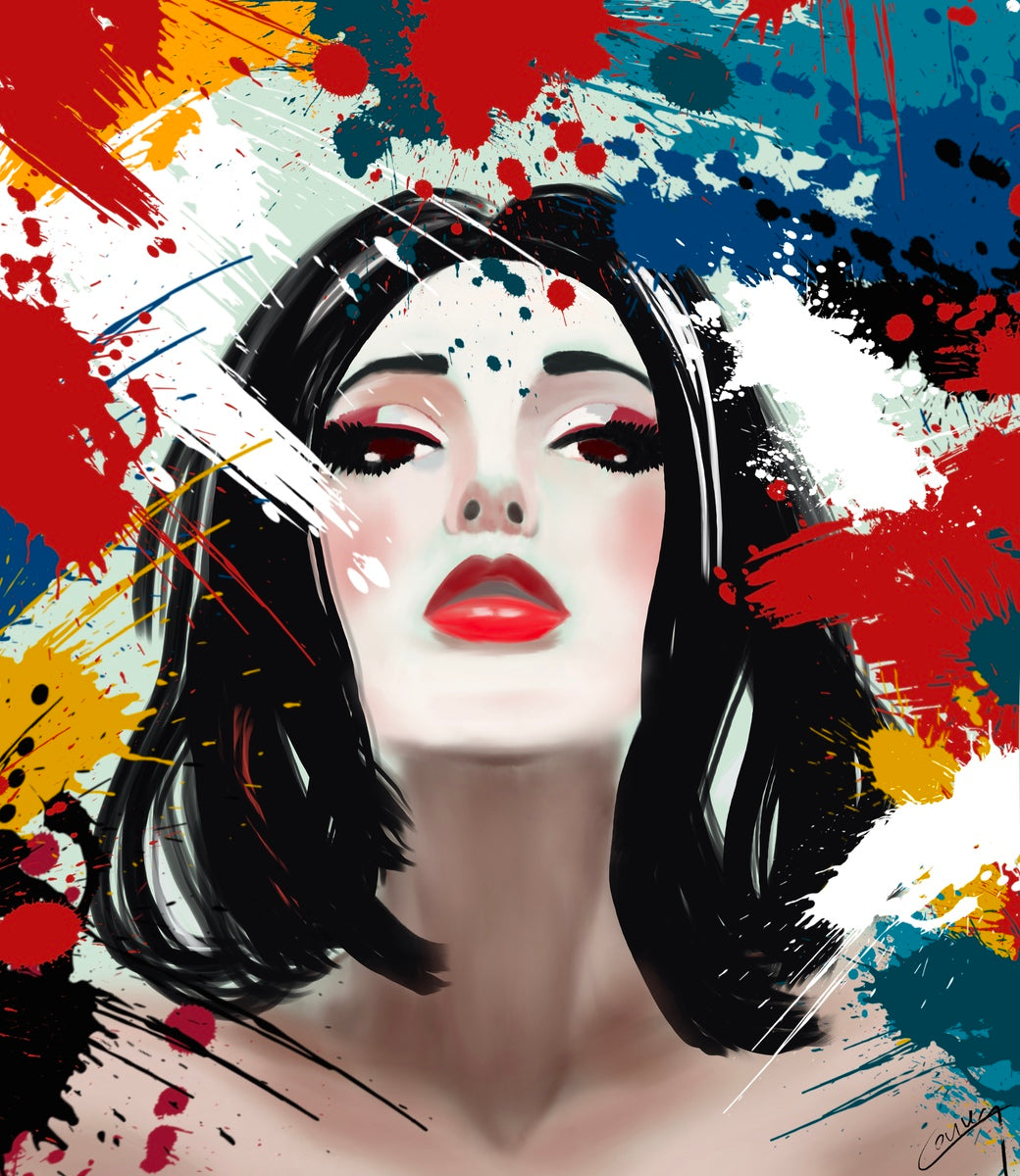 Abstract art of a woman's face emerging from vibrant red, blue, orange, white, and green splashes, evoking passion, desire, and energy.