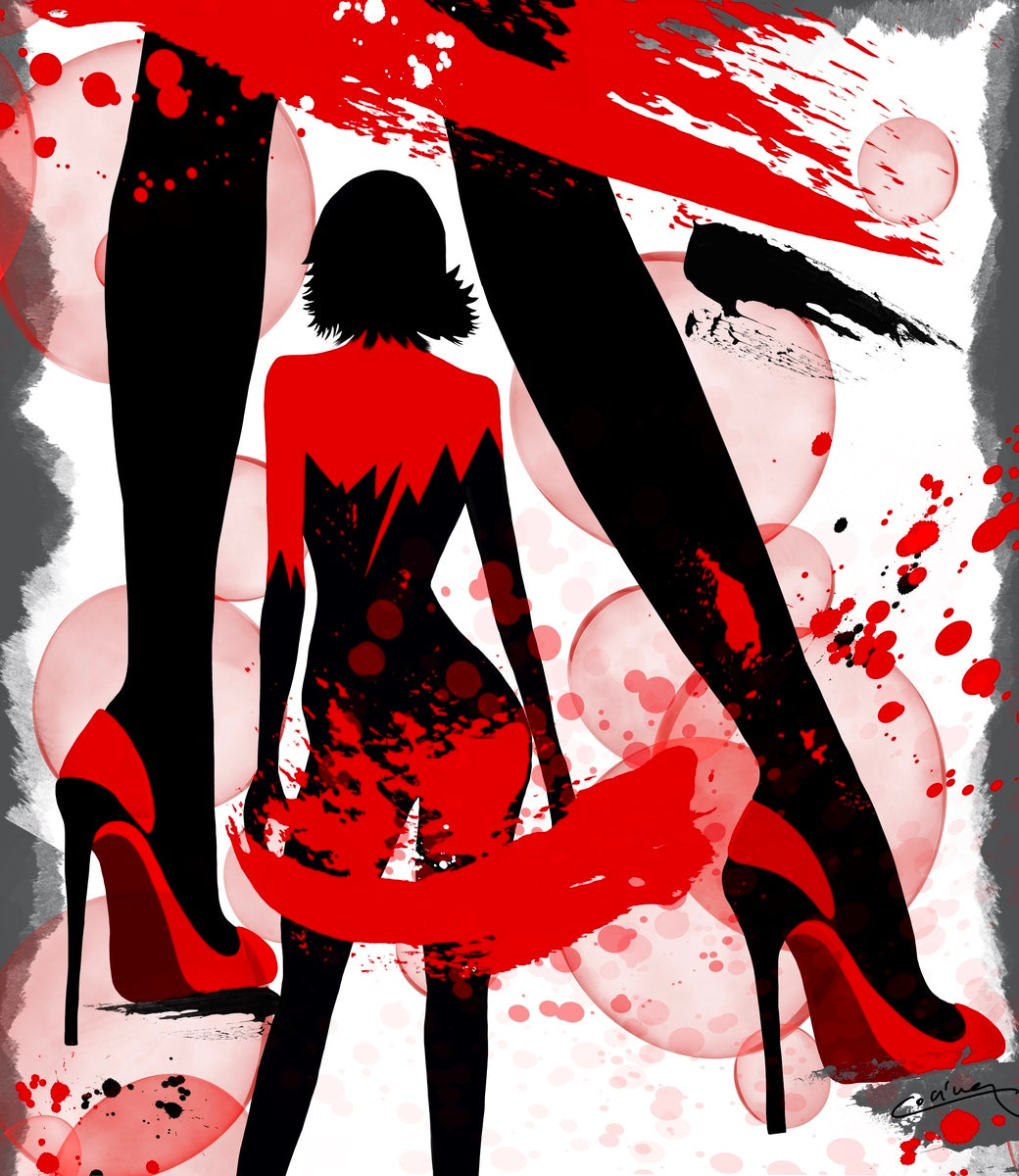 Bold artwork of a woman in a red and black jumpsuit with dynamic paint splashes, creating a 3D effect, evoking passion, desire, and energy.