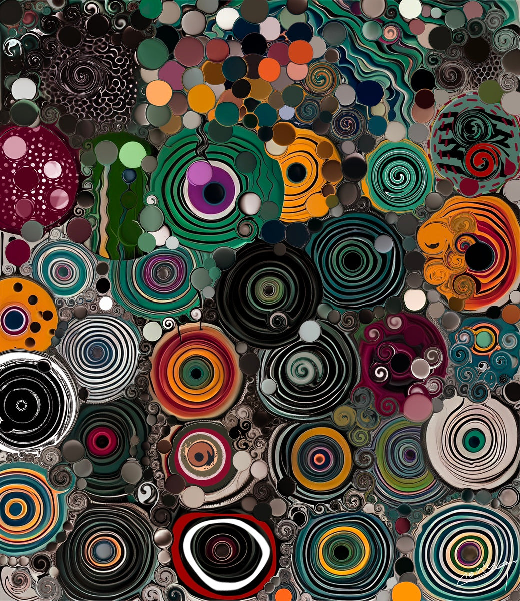 Abstract digital artwork with swirling circles, vibrant splashes, and playful embellishments, radiating energy, positivity, and excitement.