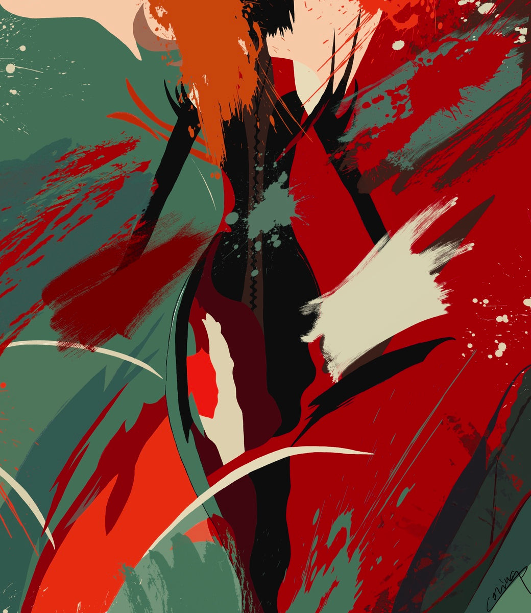 Bold digital abstract featuring a sensual woman in a black dress with spikes, stepping into vibrant maroon, red, orange, and cream, evoking adventure and seduction.