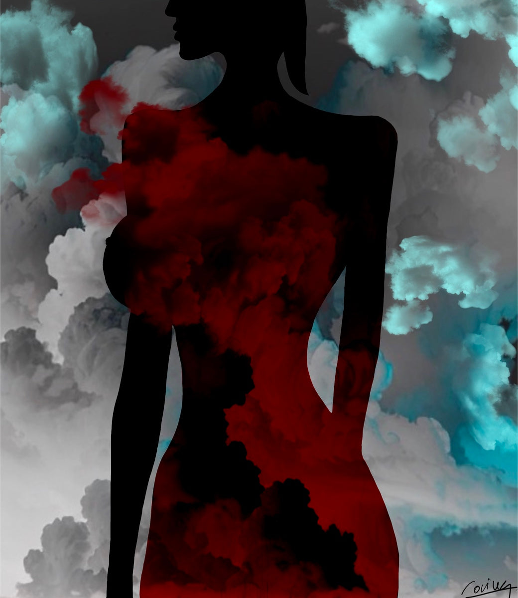 Digital painting of a bold nude black silhouette of a woman against ethereal clouds in red, white, gray, and blue, evoking mystery, allure, and imagination.