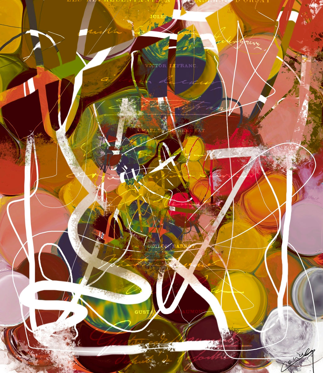 Vibrant abstract art with colorful circles, playful scribbles, dynamic lines, and hidden text, exuding chaos and energy with uplifting hues.