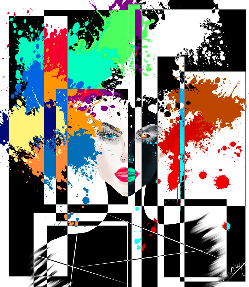 Bold female figure surrounded by vibrant explosion of colors and shapes, celebrating individuality and modern pop art.
