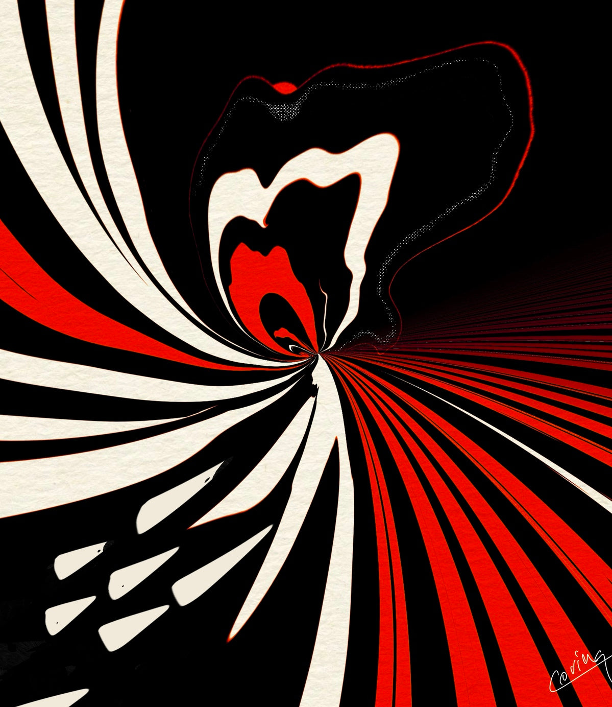Abstract art with swirling red, white, and black lines, featuring a sensual flower bloom, evoking passion, desire, and fiery beauty.